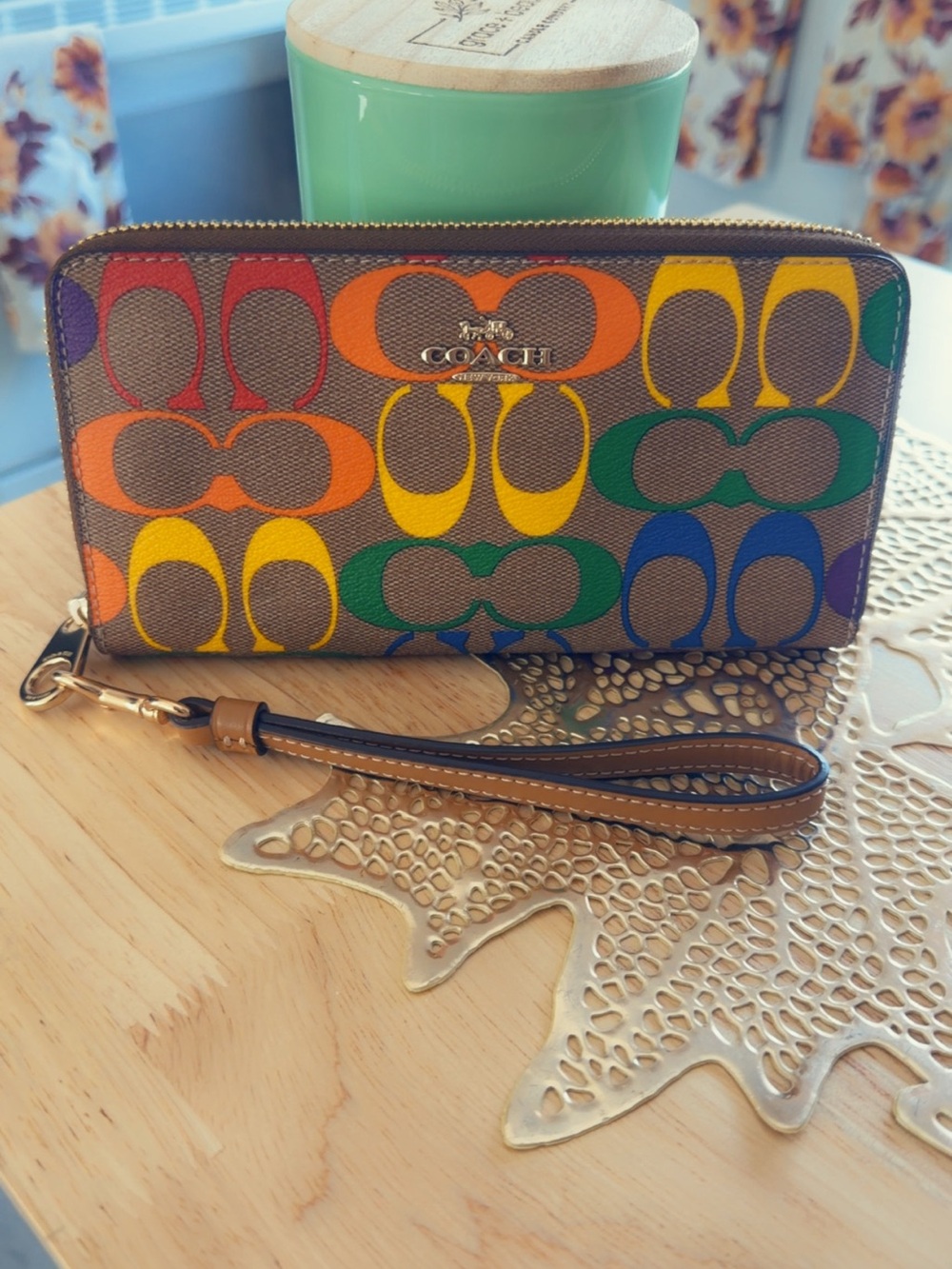 Coach Multicolor Signature Zip Wristlet in Rainbow Print